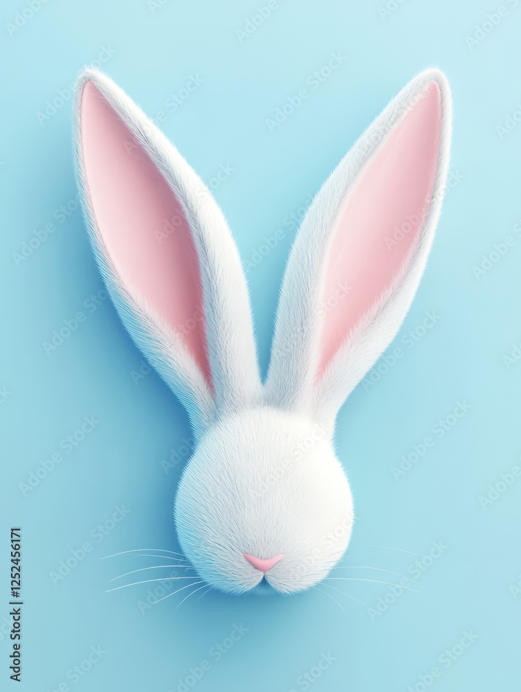 Fototapeta premium White rabbit head, pastel blue background, Easter, greeting card