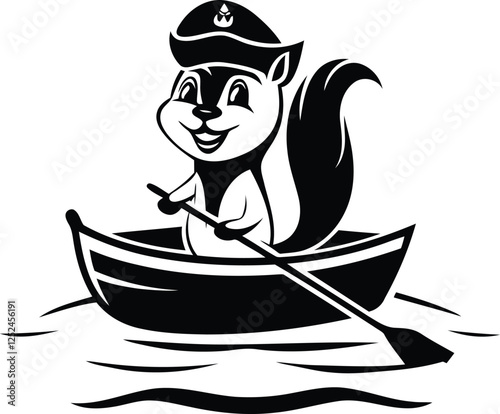 Cute cartoon squirrel or Chipmunk sitting in a small wooden rowboat silhouette and black line art vector illustration