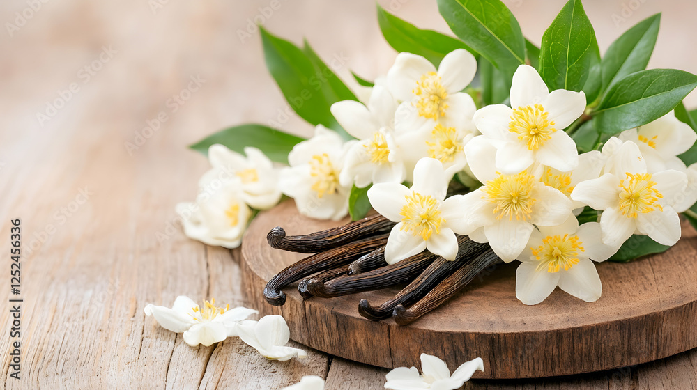 Vanilla pods and flowers on wooden board (1) Vanilla pods and flowers on wooden board (1)