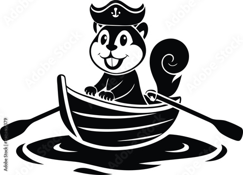 Cute cartoon squirrel or Chipmunk sitting in a small wooden rowboat silhouette and black line art vector illustration