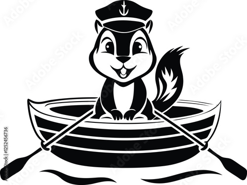Cute cartoon squirrel or Chipmunk sitting in a small wooden rowboat silhouette and black line art vector illustration