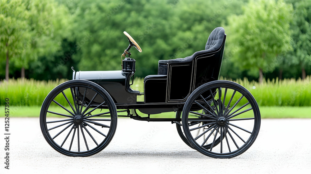 Fototapeta premium Vintage black car, outdoors, lush greenery. Historical vehicle, potential use for automotive history publications