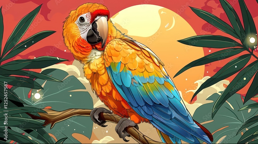Obraz premium A vibrant illustration of a colorful parrot against a sunset background.