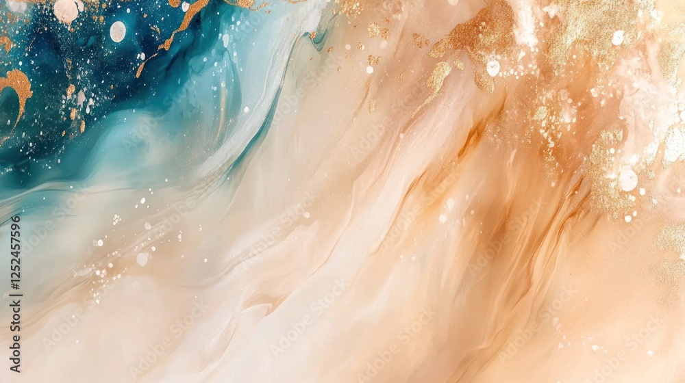 Fototapeta premium Abstract Fluid Art Painting with Teal Gold Beige Swirls