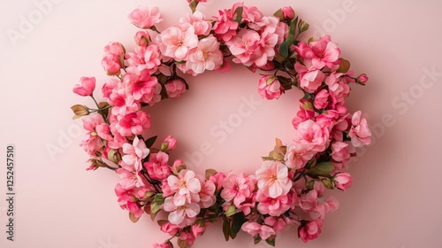 Floral Wreath Decoration Pink Flowers Blossom on a Light Pink Background for Spring Celebration and Festive Atmosphere