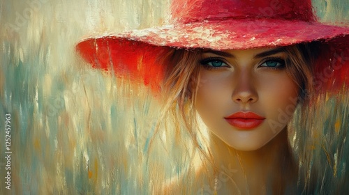 Fashionable Woman in Vibrant Red Flower Hat at Horse Racing Event Stylish Dress Race Track Melbourne Cup photo