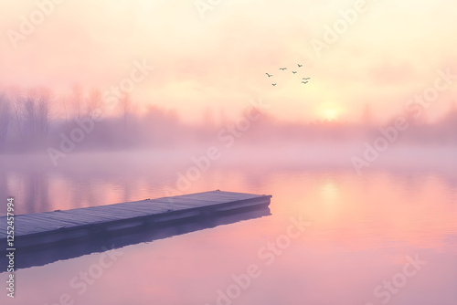 Tranquil Dawn: Embracing the Serenity of a Quiet Morning by the Misty Lake photo