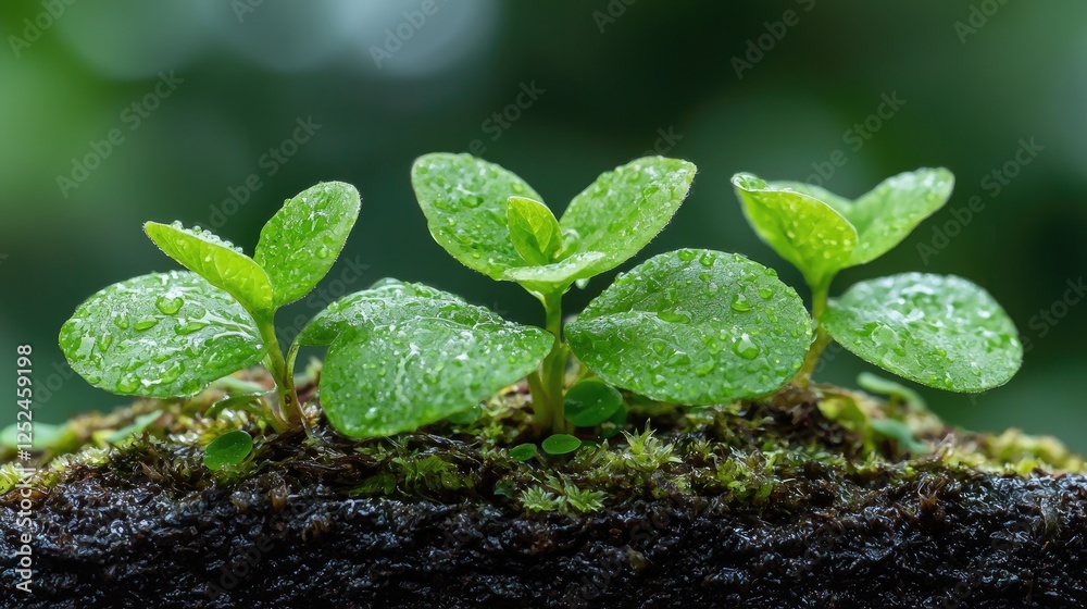 Naklejka premium Three seedlings sprout in moist soil, lush green background; nature growth concept