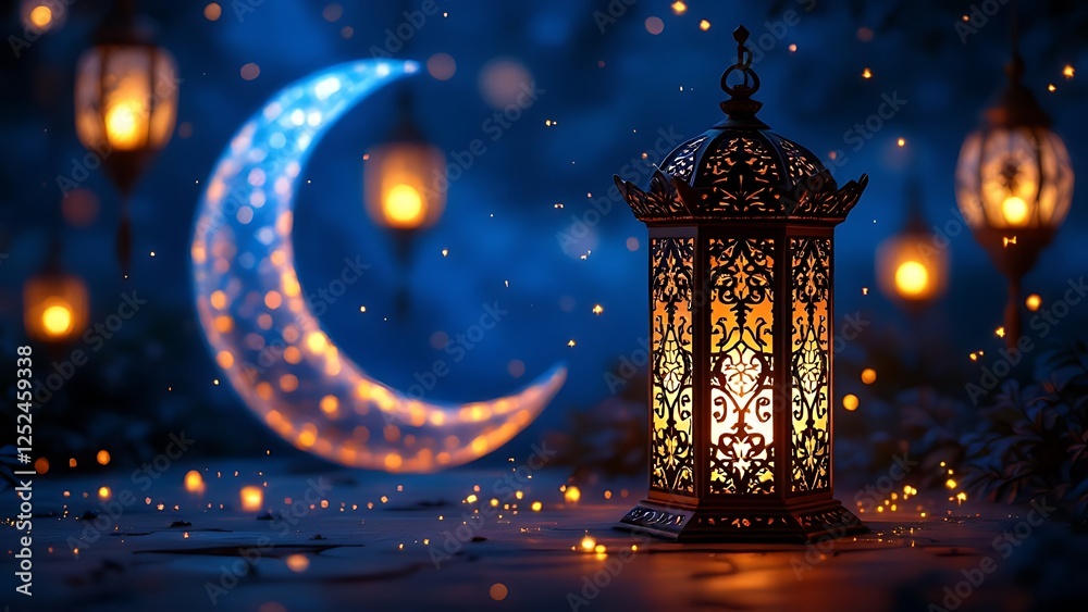 Lanterns stands in the desert at night sky, lantern islamic Mosque, crescent moon Ramadan Kareem themed illustration background Lanterns stands in the desert at night sky, lantern islamic Mosque, crescent moon Ramadan Kareem themed illustration background