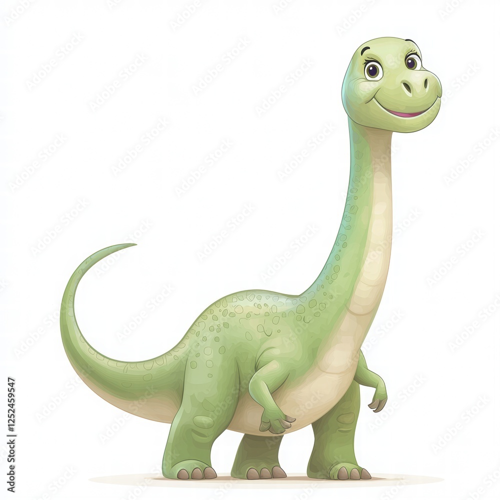 Obraz premium Friendly Green Cartoon Dinosaur Character Smiling Cheerfully with Youthful Expression