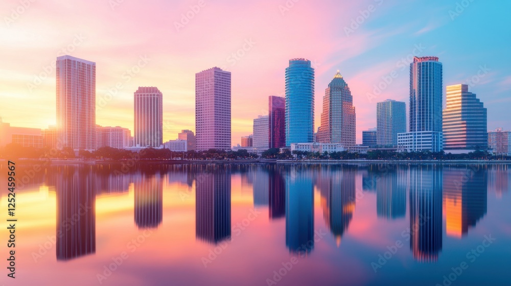 Fototapeta premium Stunning Colorful Sunset Over Urban Skyline with Reflection on Calm Water Surface in Cityscape