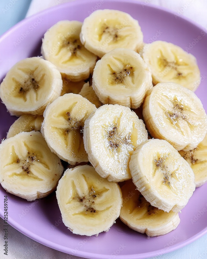 Freshly Sliced Bananas Displayed on a Purple Plate Ready to Enjoy as a Healthy Snack Freshly Sliced Bananas Displayed on a Purple Plate Ready to Enjoy as a Healthy Snack