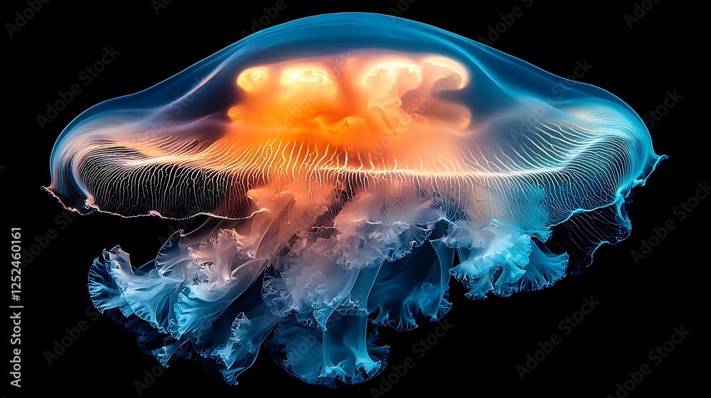 Fototapeta premium Glowing jellyfish floats in dark space for biology education or nature background.