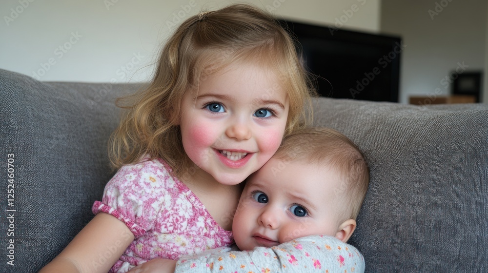 Adorable Sisters Sharing a Sweet Embrace on a Cozy Sofa Adorable Sisters Sharing a Sweet Embrace on a Cozy Sofa