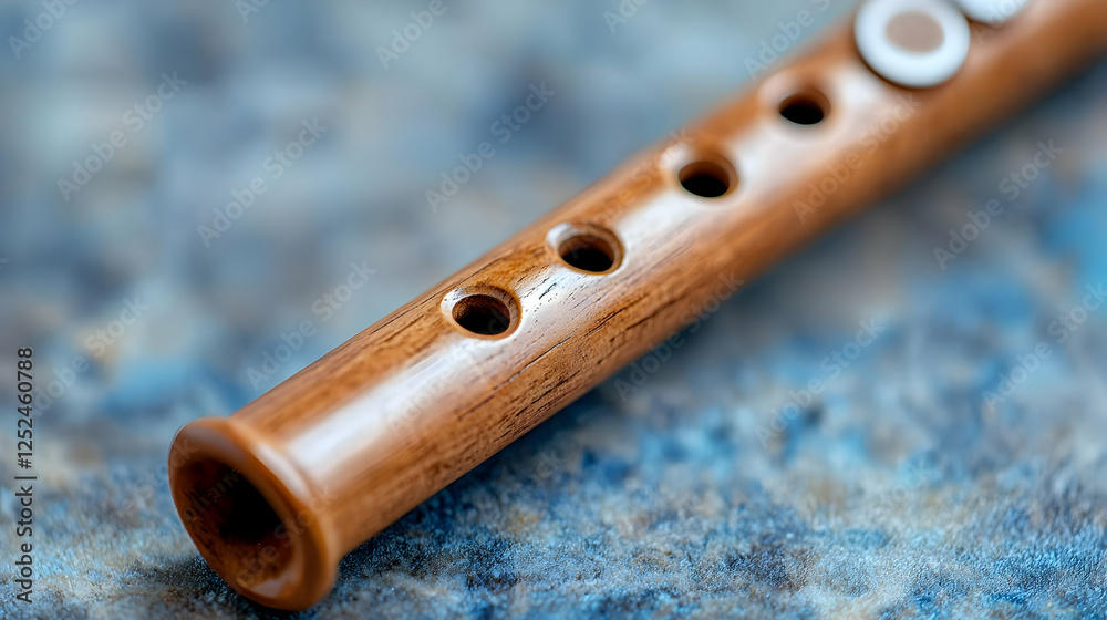 Naklejka premium Close-up wooden flute on textured surface. Musical instrument detail shot for websites