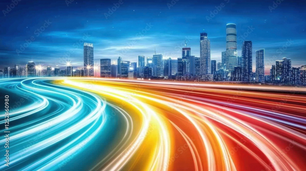 Fototapeta premium Dynamic Cityscape at Night with Motion Blur of Colorful Lights and Skyscrapers Against Blue Sky