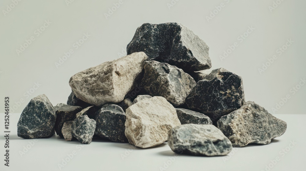 A pile of natural rough stones in varying shades against neutral backdrop A pile of natural rough stones in varying shades against neutral backdrop