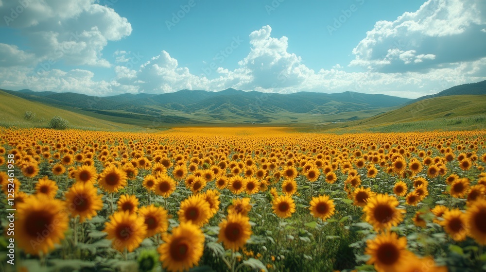 Obraz premium Vibrant Sunflower Field Beneath a Clear Blue Sky - A Beautiful Landscape for Nature Lovers
