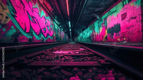 Neon graffiti tunnel railway tracks photo