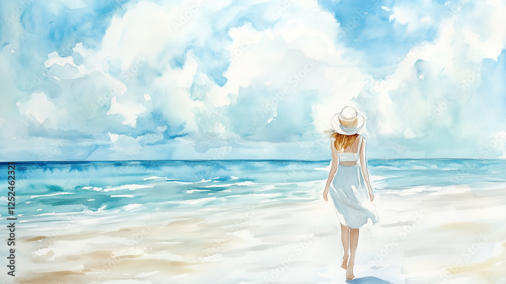 Watercolor woman walking on beach gernerative ai. Watercolor woman walking on beach gernerative ai.