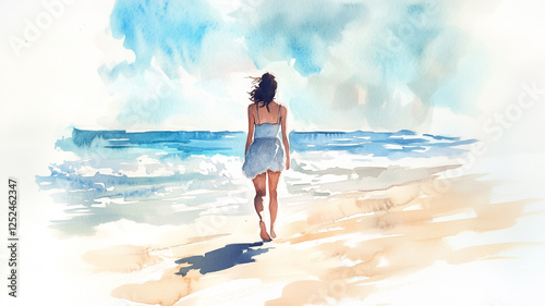 Watercolor woman walking on beach gernerative ai. 