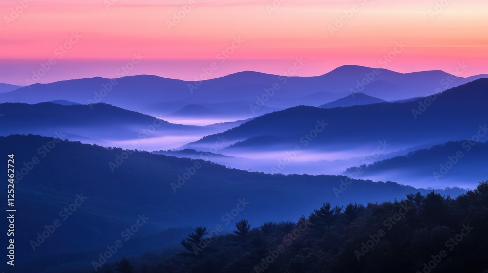 A fog-covered mountain range at dawn, silhouettes fading into the mist A fog-covered mountain range at dawn, silhouettes fading into the mist