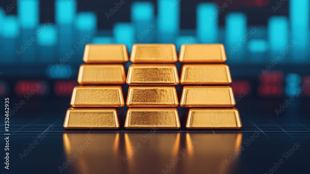 A stack of gleaming gold bars is displayed against a backdrop of digital financial graphs, symbolizing wealth and investment. A stack of gleaming gold bars is displayed against a backdrop of digital financial graphs, symbolizing wealth and investment.