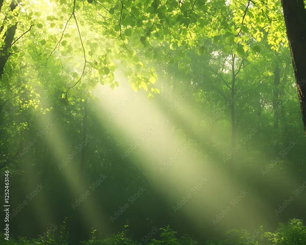 Fototapeta premium Lush green forest with sunlight streaming through trees, creating serene atmosphere
