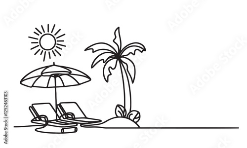 One continuous single drawing black line art doodle of beach sunbed with an umbrella and chair outline vector illustration on white background