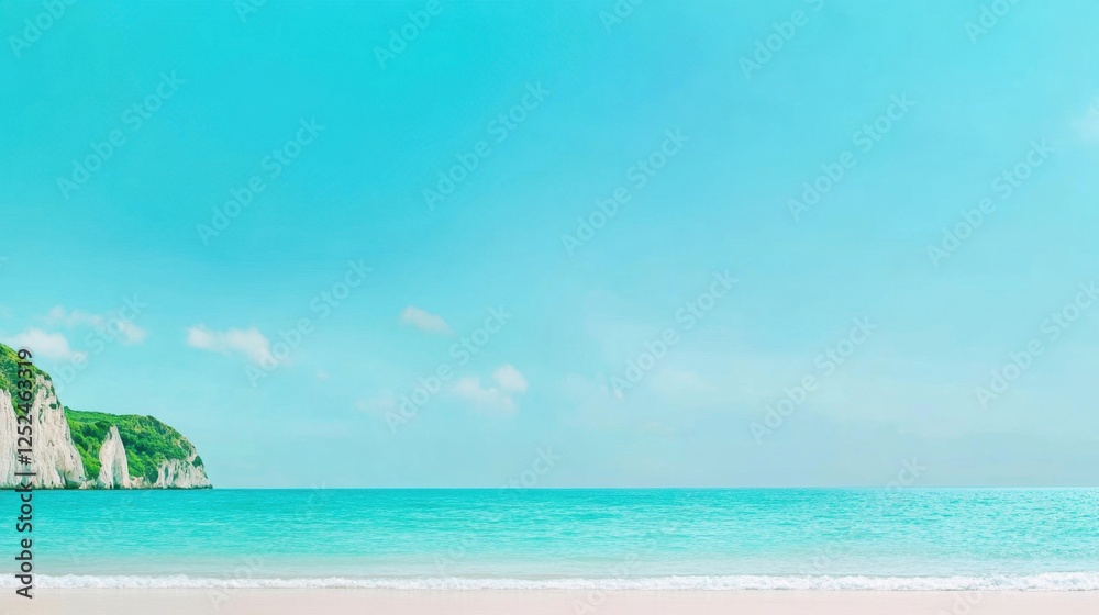 Tranquil Tropical Beach Scene with Clear Blue Water and Lush Green Cliffs under a Bright Blue Sky Tranquil Tropical Beach Scene with Clear Blue Water and Lush Green Cliffs under a Bright Blue Sky