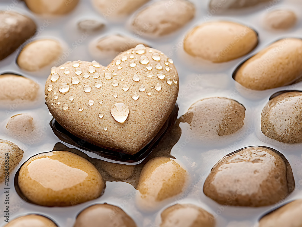 heart shaped stone with water droplets on bed of pebbles creates serene scene heart shaped stone with water droplets on bed of pebbles creates serene scene