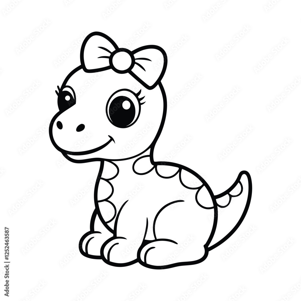 Fototapeta premium Cute Pink Baby Dinosaur with Bow - Adorable Cartoon Vector Illustration