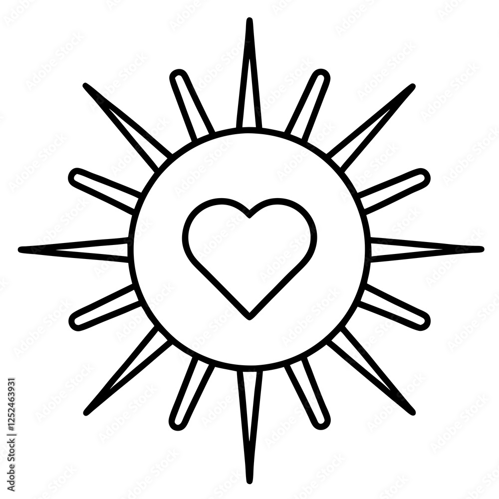 Sun with Heart Core in Minimalist Line Art