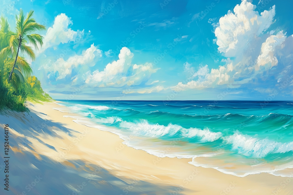 custom made wallpaper toronto digitalTropical paradise with soft white sand, gentle turquoise ocean waves, and a vibrant blue sky dotted with fluffy white clouds on a sunny day