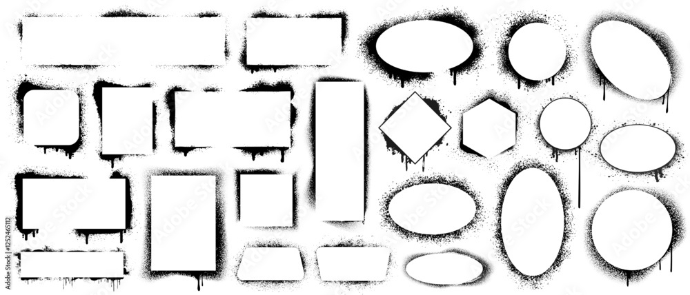 Grunge stencil frame, paint brush stroke banner, paper texture, doodle spray background, graffiti border, text message box, rectangle, ink splash, watercolor drip and square silhouette collection. Art