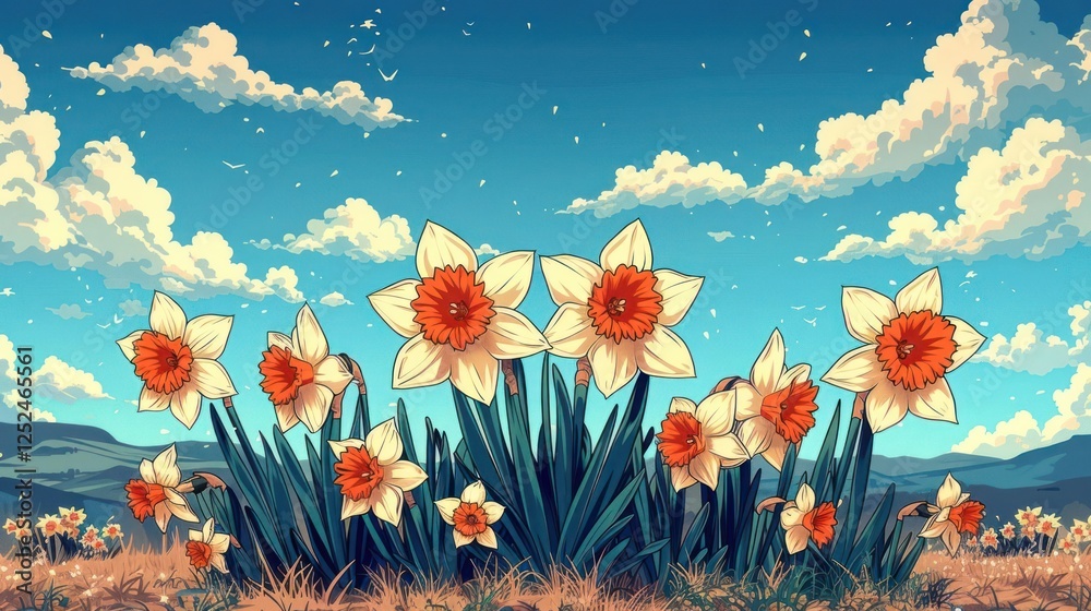 Obraz premium A vibrant landscape featuring blooming daffodils against a blue sky with fluffy clouds.