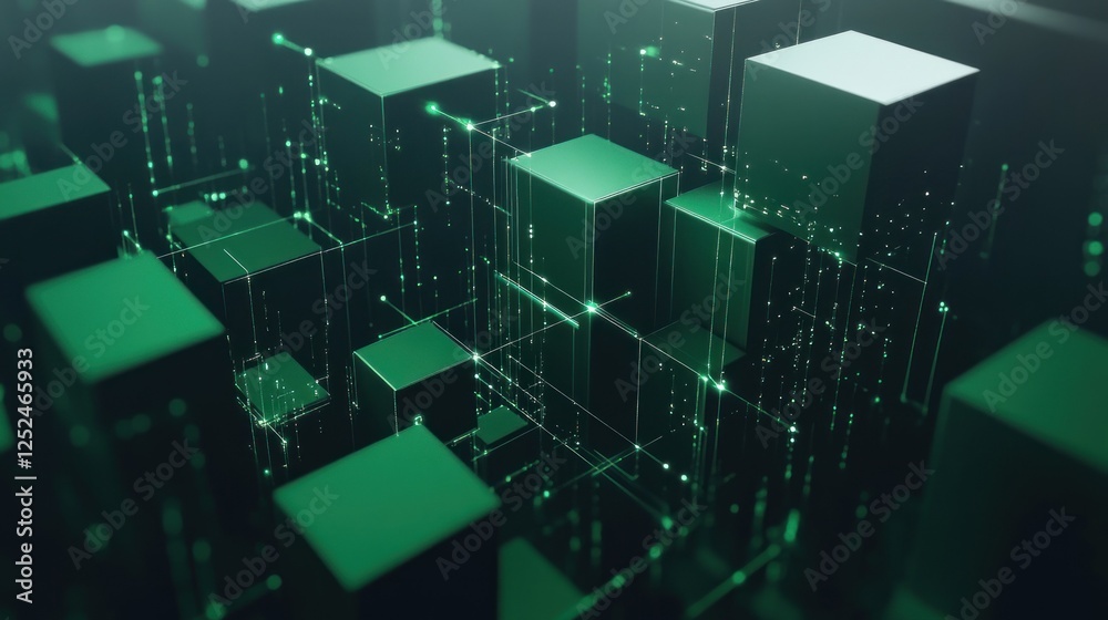 Abstract Green Digital Cubes Network: A 3D Rendering of Interconnected Data Blocks Abstract Green Digital Cubes Network: A 3D Rendering of Interconnected Data Blocks