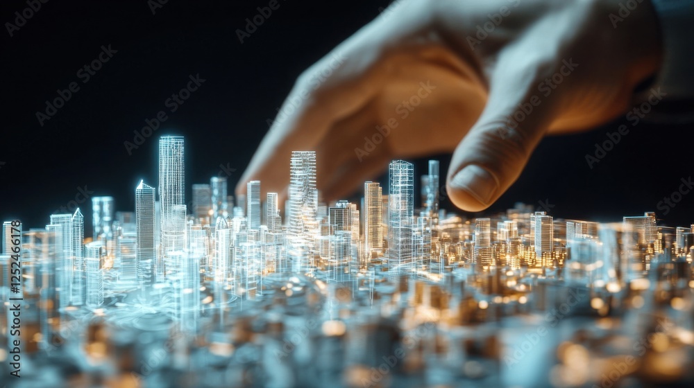 Obraz premium Futuristic Cityscape Model Under Human Hand Visualization with Neon Lighting Elements and Urban Design Details