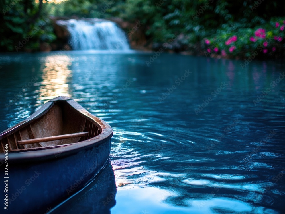 Tranquil canoe on serene waterfall lake Tranquil canoe on serene waterfall lake