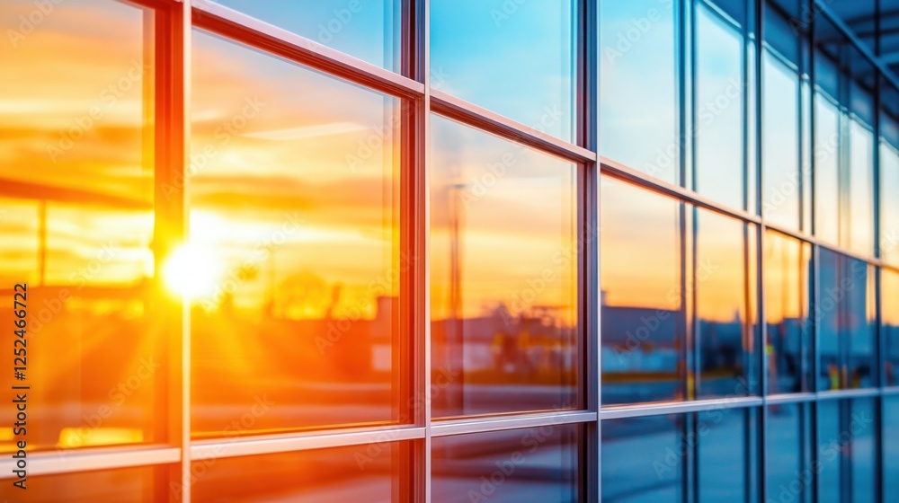 Fototapeta premium Sunset Reflection on Modern Glass Building with Sunlight and Vibrant Sky Colors at Dawn