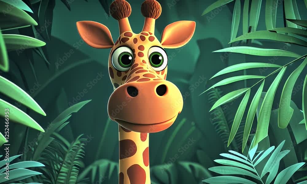 Cute cartoon giraffe peeking jungle foliage, children's book illustration