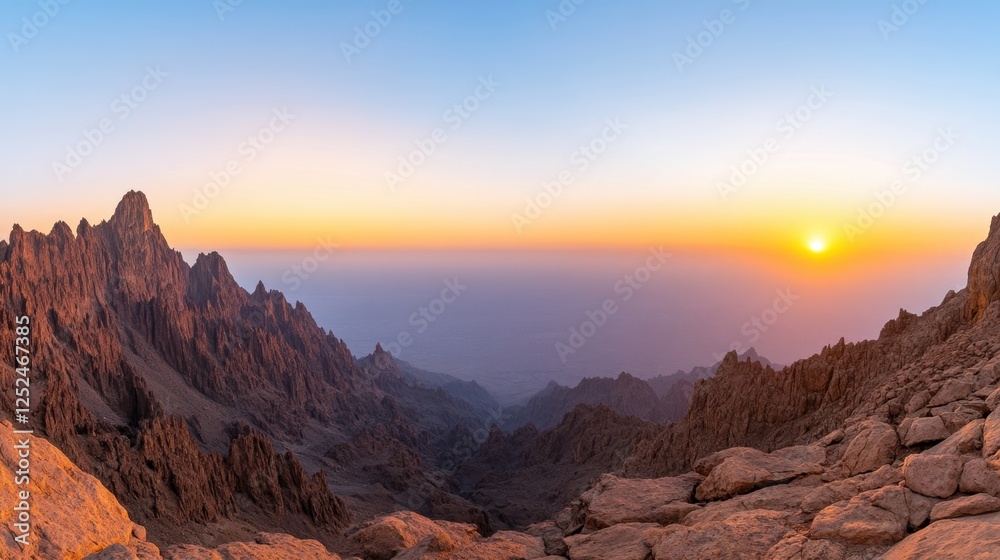 Fototapeta premium Majestic Sunrise Over Rocky Mountains and Valleys in a Tranquil Desert Landscape