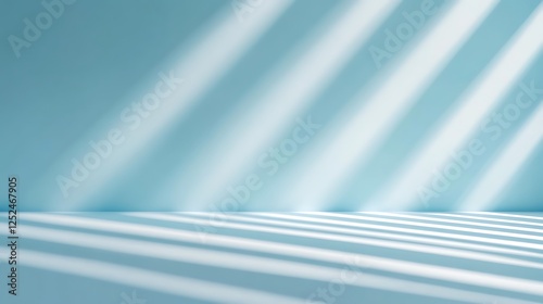 Light beams illuminate a pale blue floor and wall
