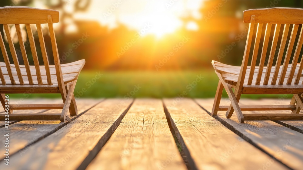 Wooden Lounge Chairs Facing Setting Sun on Tranquil Deck Surrounded by Lush Greenery during Summer Evening Wooden Lounge Chairs Facing Setting Sun on Tranquil Deck Surrounded by Lush Greenery during Summer Evening