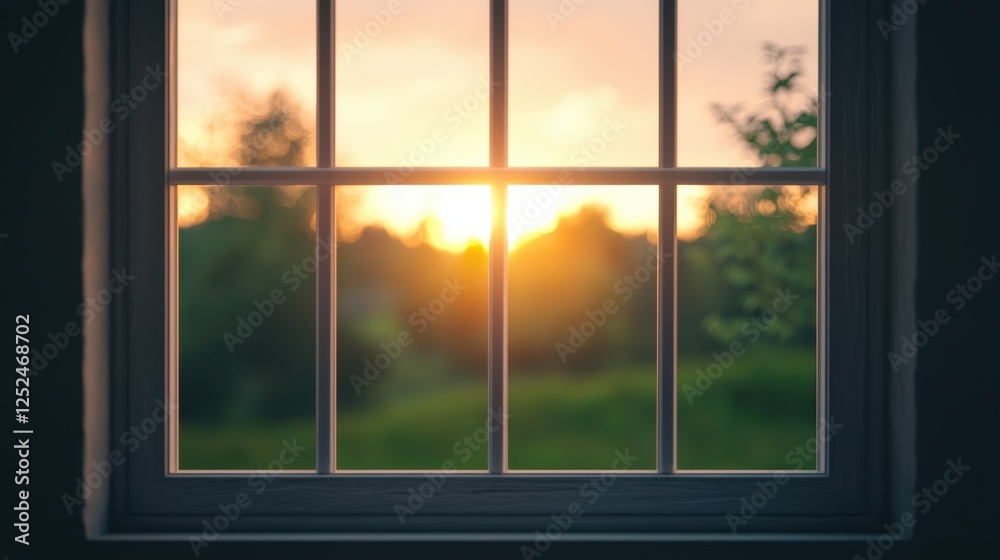 Naklejka premium A serene sunset view framed by a window, showcasing a beautiful blend of colors and the natural landscape outside.