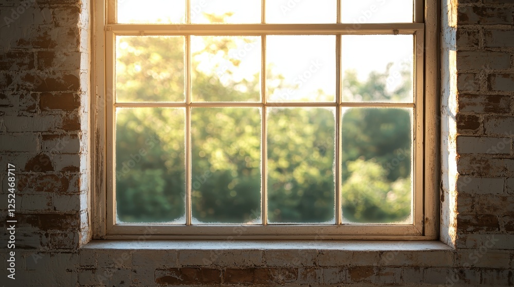 A rustic window with a warm glow, framed by weathered bricks, offers a glimpse of lush greenery outside, creating a cozy and inviting atmosphere. A rustic window with a warm glow, framed by weathered bricks, offers a glimpse of lush greenery outside, creating a cozy and inviting atmosphere.