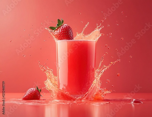 Refreshing Strawberry Juice Splashing into Glass, Creating a Vibrant Red Delight, Taste of Summer photo