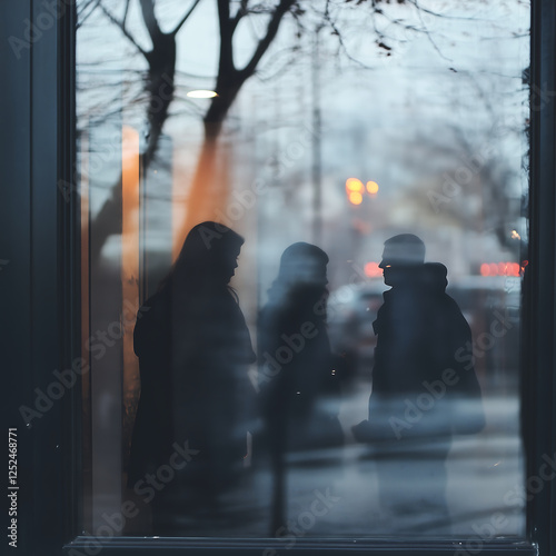 A reflective scene capturing silhouettes of people in conversation, showcasing the essence of urban life and social interaction through a glass window on a rainy day. photo