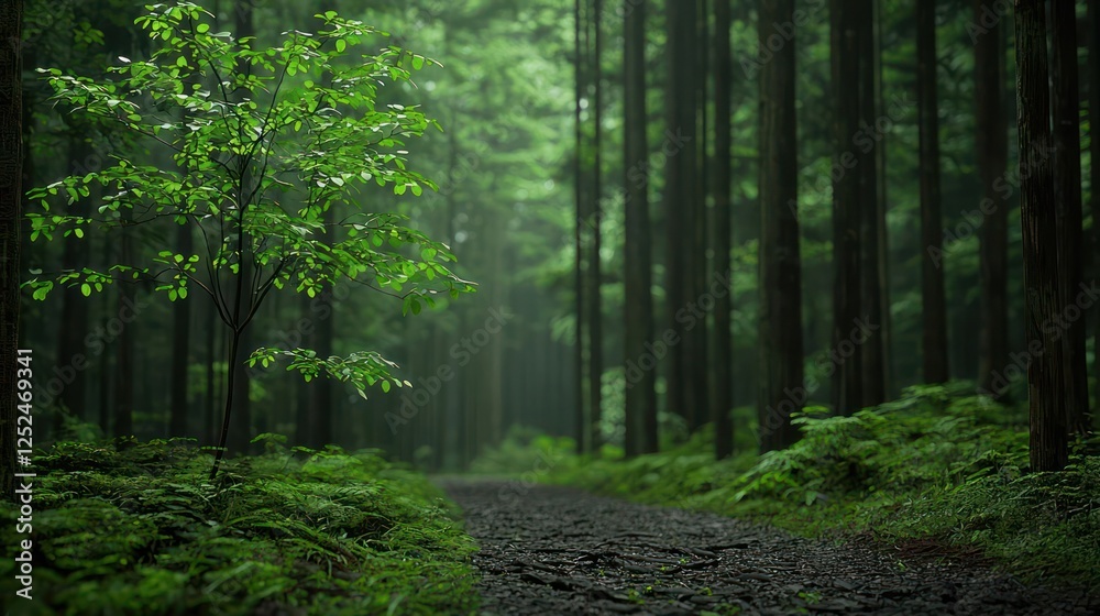 Fototapeta premium Misty Forest Path With Small Tree
