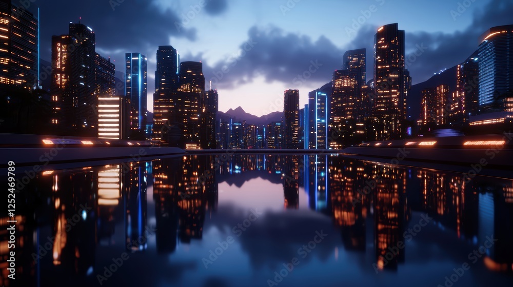 Fototapeta premium A stunning city skyline at twilight, reflecting in a calm water surface, showcasing modern architecture and vibrant lights.